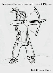 Coloring sheets for thanksgiving pilgrim with turkey and wampanoag indian child