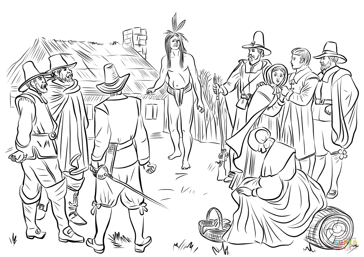 Pemaquid indian samoset befriending hungry plymouth colonists coloring page free printable coloring pages