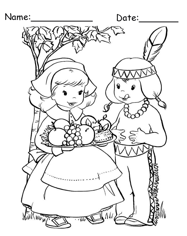 Printable pilgrim girl and indian boy thanksgiving coloring page
