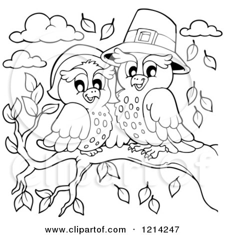 Clipart of an outlined owl thanksgiving pilgrim couple