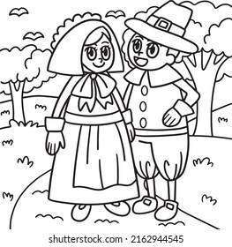 Thanksgiving pilgrim couple coloring page kids stock vector royalty free