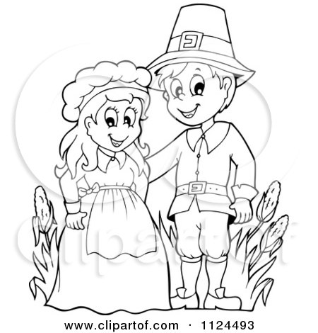 Cartoon of an outlined thanksgiving pilgrim couple