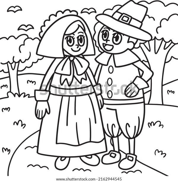 Thanksgiving pilgrim couple coloring page kids stock vector royalty free