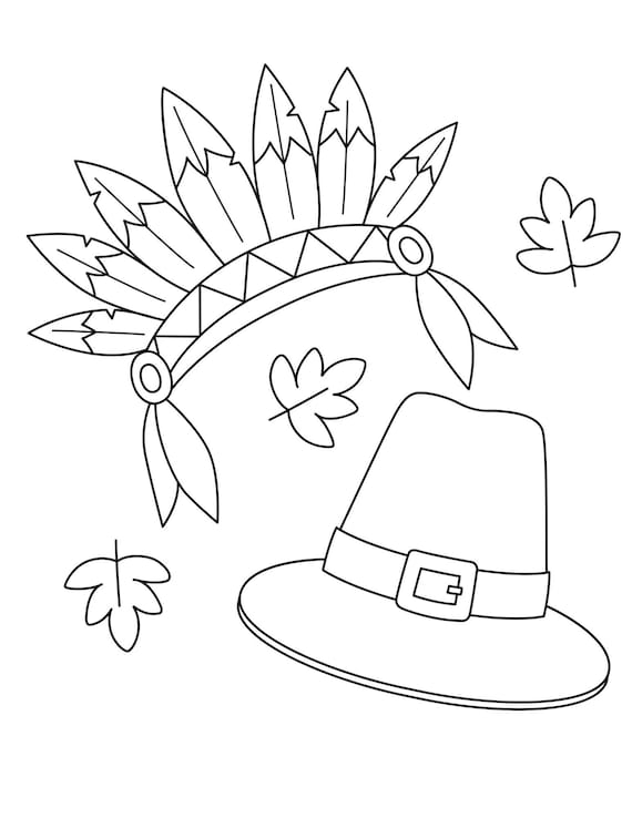 Pilgrim hat and native american feather headdress digital download printable coloring page
