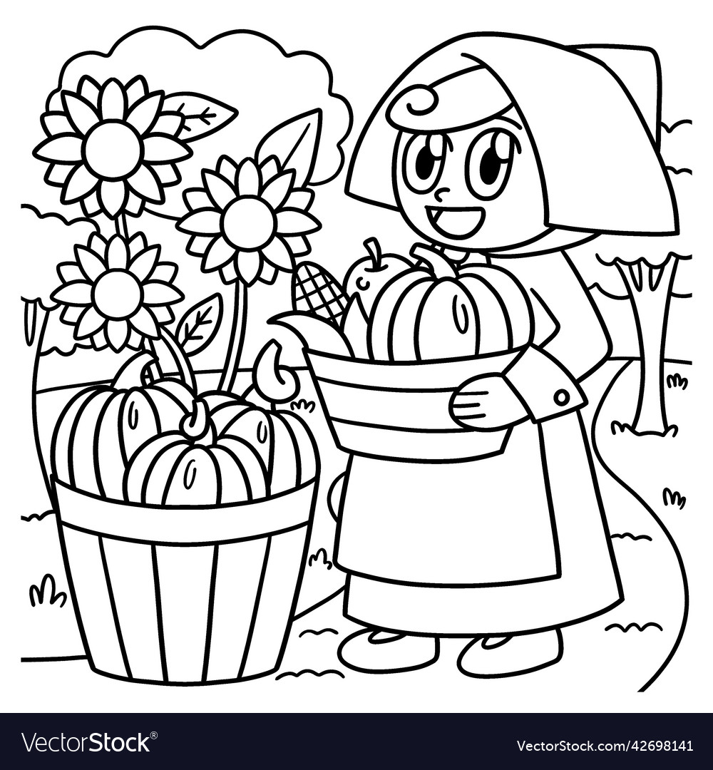 Thanksgiving pilgrim girl coloring page for kids vector image