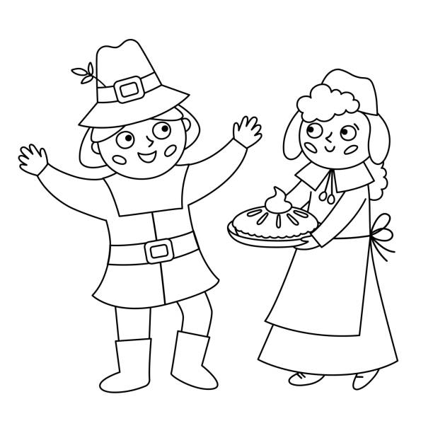Vector black and white pilgrim man and woman isolated on white background thanksgiving day outline line characters autumn line icon with first american people cute fall holiday settlers illustration stock illustration