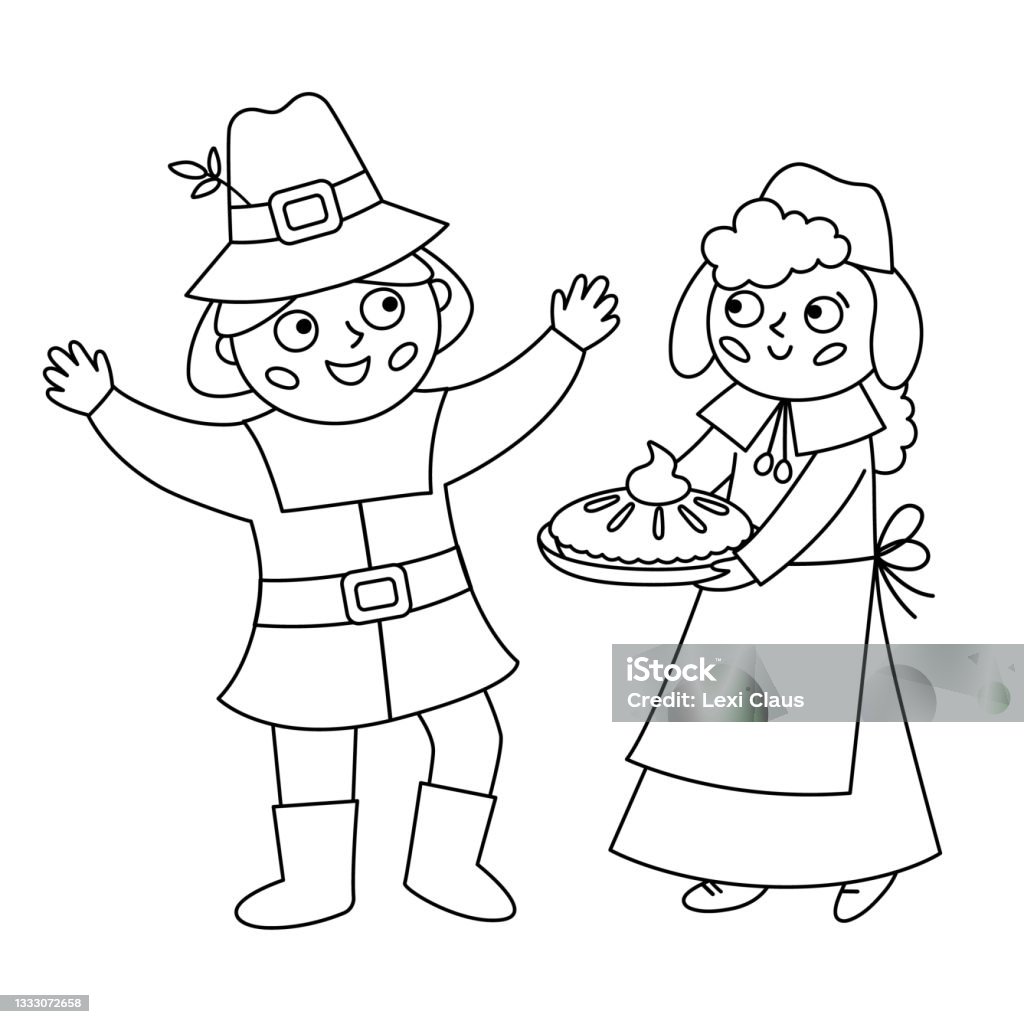 Vector black and white pilgrim man and woman isolated on white background thanksgiving day outline line characters autumn line icon with first american people cute fall holiday settlers illustration stock illustration