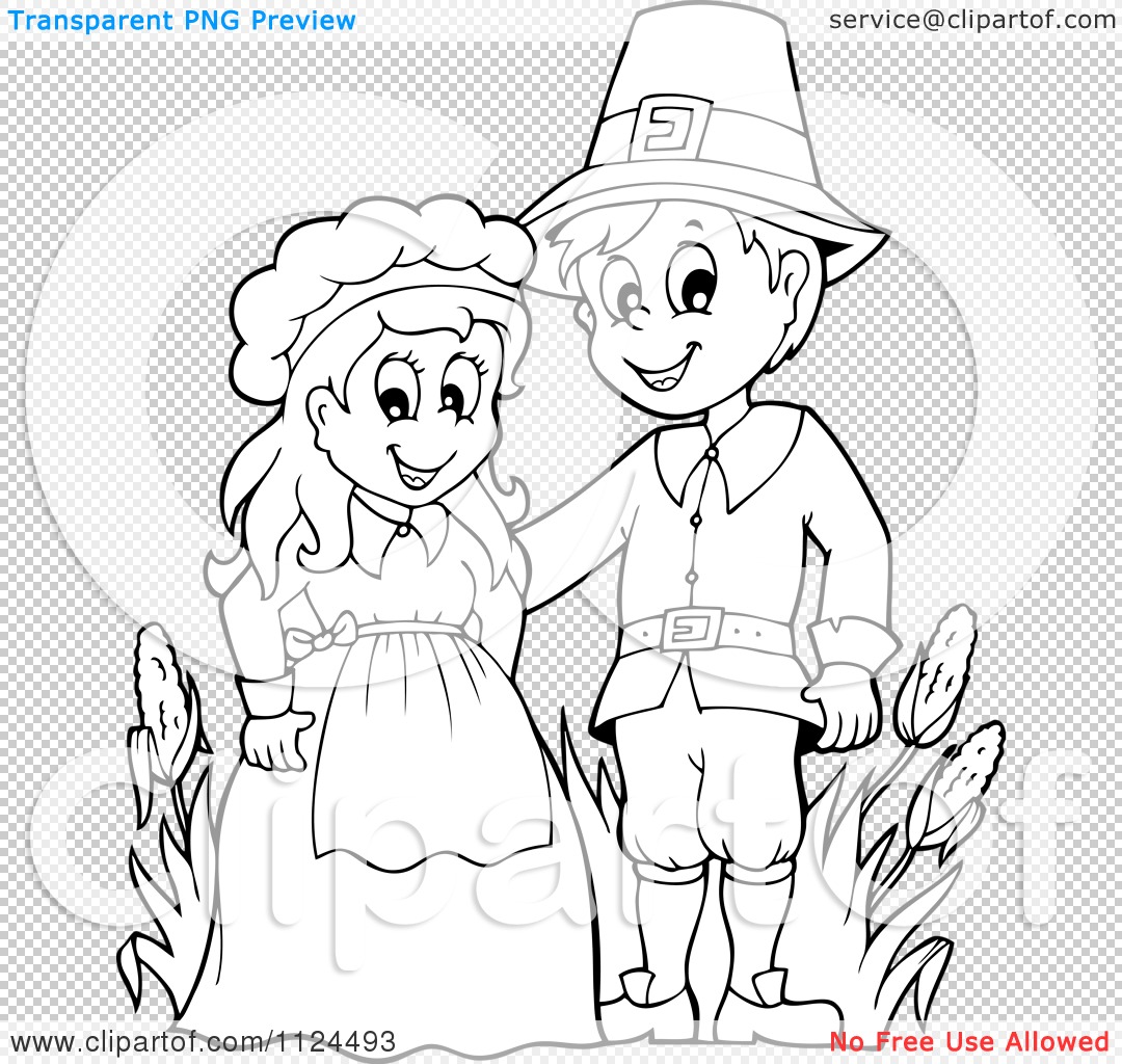 Cartoon of an outlined thanksgiving pilgrim couple