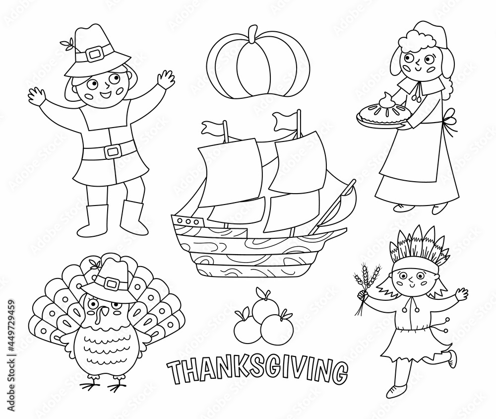 Black and white thanksgiving day characters set vector autumn line icons collection with pilgrims native indian ship turkey pumpkin cute outline fall holiday collection or coloring page vector