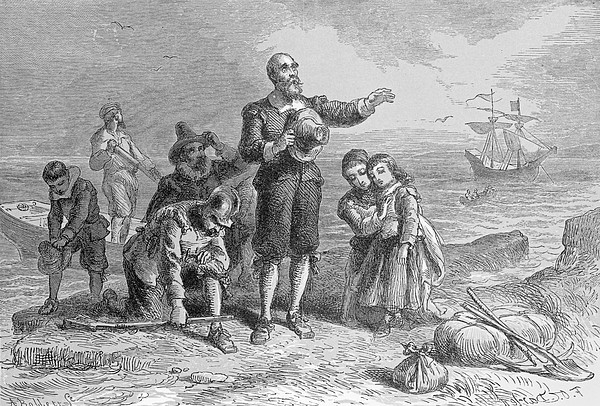 Landing of the pilgrims engraved by a bollett from harpers monthly engraving bw jigsaw puzzle by felix octavius carr darley
