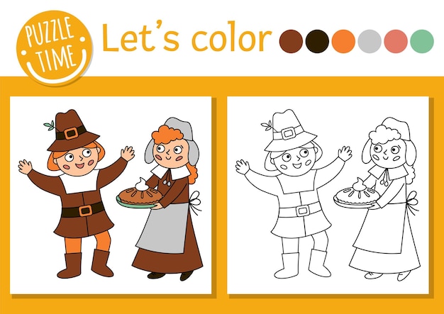 Premium vector thanksgiving coloring page for children with pilgrims vector autumn holiday outline illustration with first settlers adorable fall color book for kids with colored example drawing skills worksheetxa