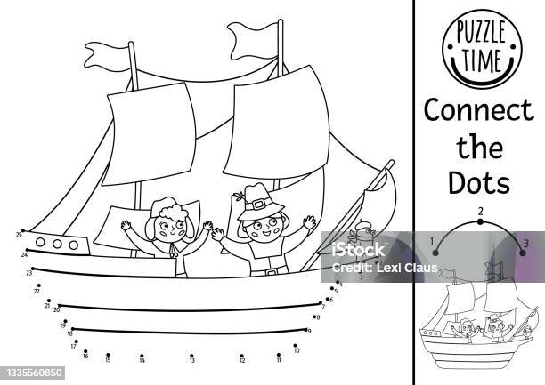 Vector dottodot and color activity with mayflower ship and pilgrims thanksgiving historical connect the dots game