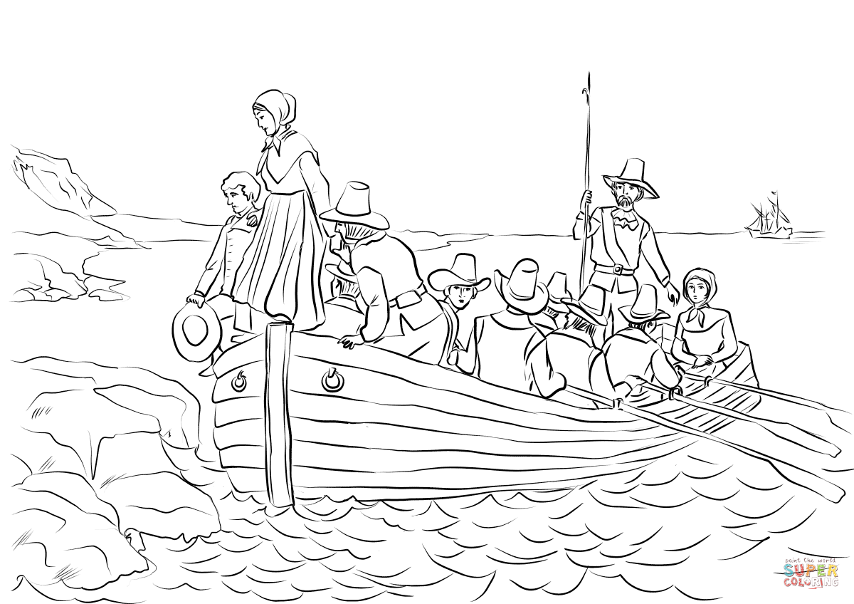 Pilgrims john alden and mary chilton landing at plymouth from the ship mayflower coloring page free printable coloring pages