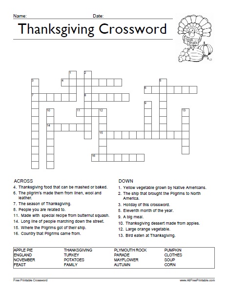 Thanksgiving crossword puzzle â free printable