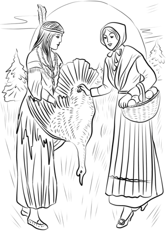 Native american woman sharing turkey with pilgrim woman coloring page free printable coloring pages