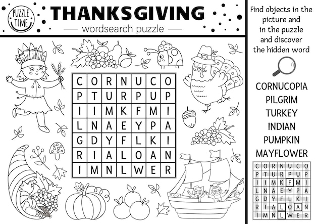 Premium vector thanksgiving coloring page for children with pilgrims vector autumn holiday outline illustration with first settlers adorable fall color book for kids with colored example drawing skills worksheetxa