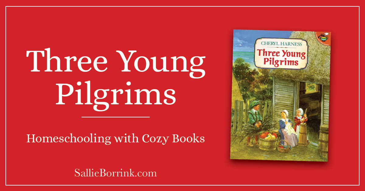 Three young pilgrims homeschooling with cozy books