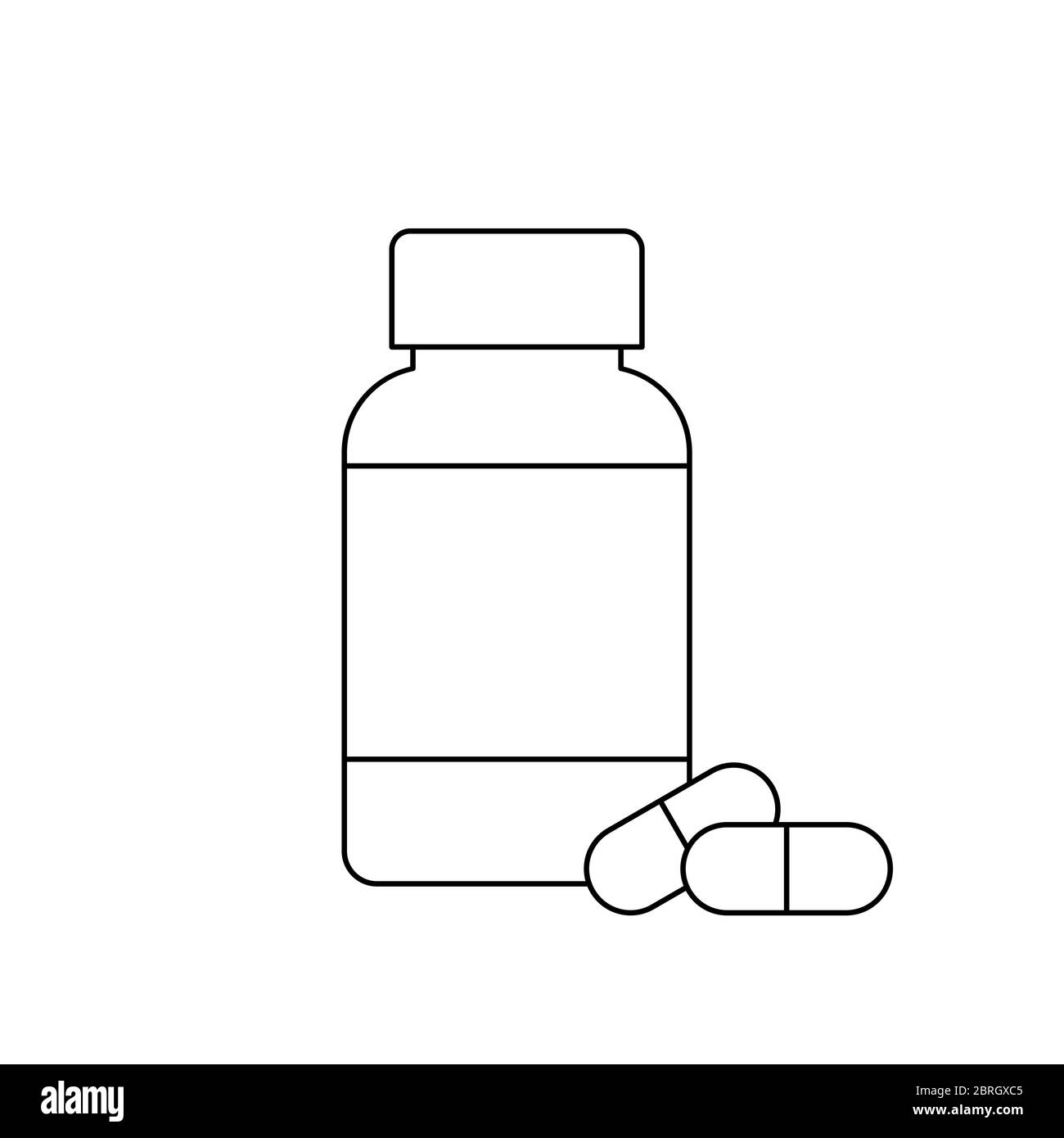 Pill bottle thin line icon with two capsule pills food supplements vitamins medications treatment drugs painkiller concept black outlinevector stock vector image art