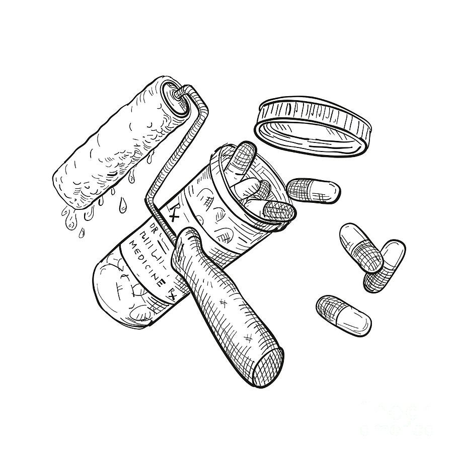 Paint roller medicine pill bottle drawing black and white digital art by aloysius patrimonio