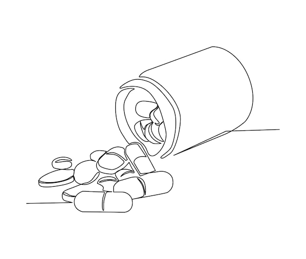 Premium vector continuous one line drawing of medicine pills or capsule bottle simple illustration of medical drug pharmacy care line art vector illustration