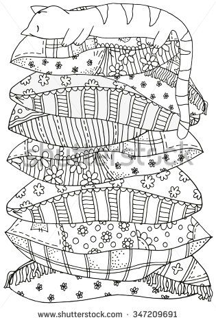 Sleeping cat on pile pillows pattern stock vector royalty free shutterstock coloring books cat coloring page animal coloring books