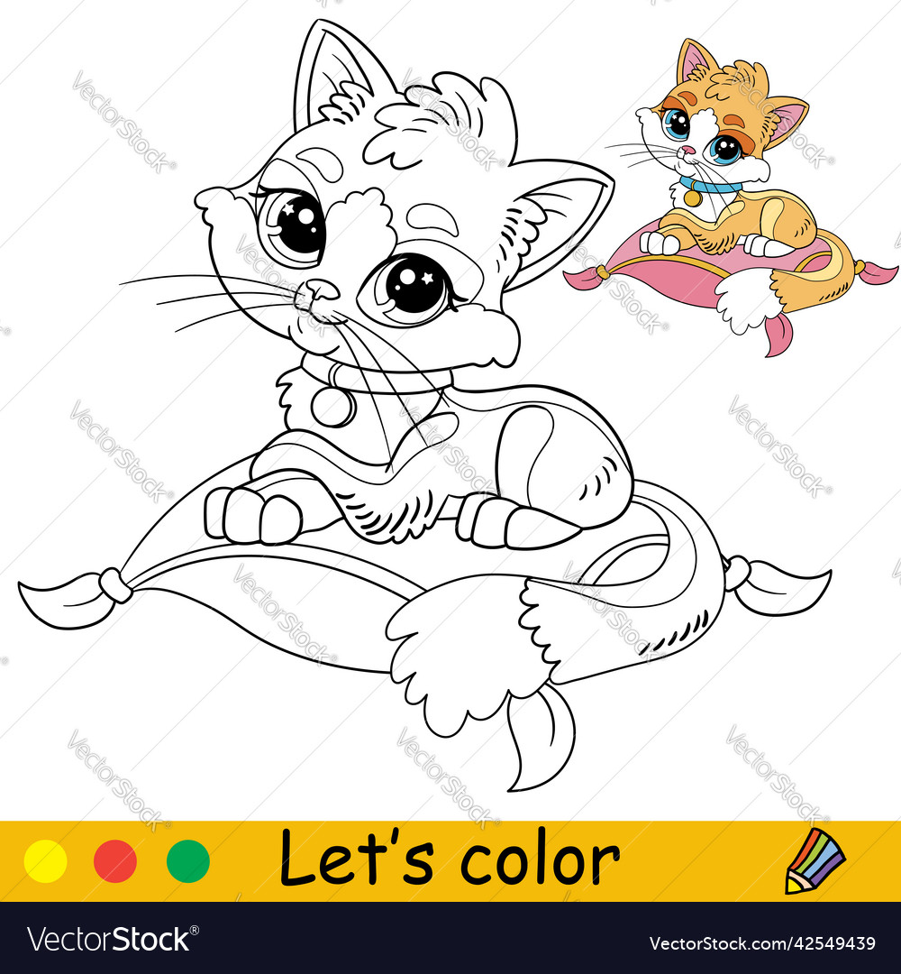 Cartoon cat lying on a pillow coloring book page vector image