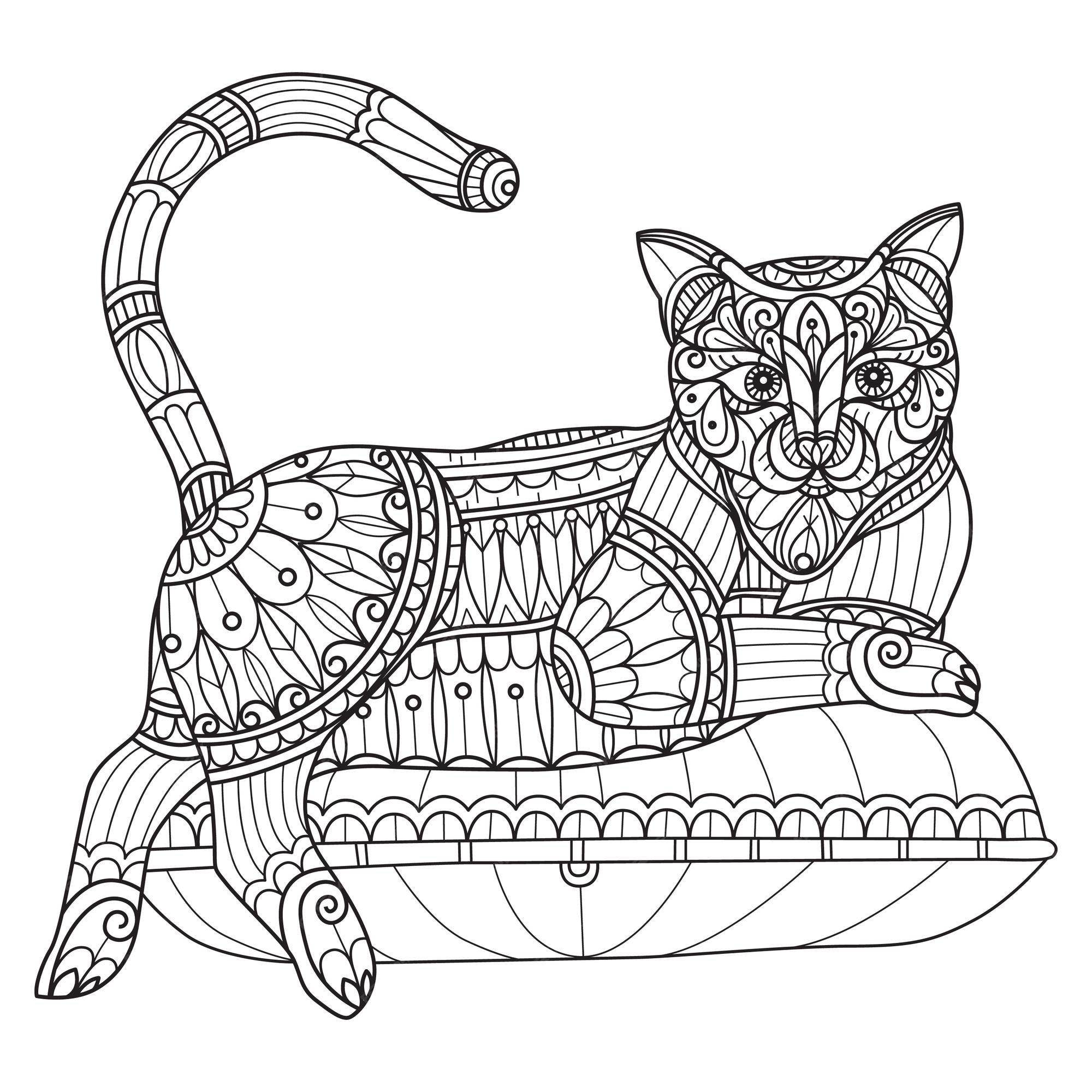 Premium vector cat and pillow hand drawn for adult coloring book