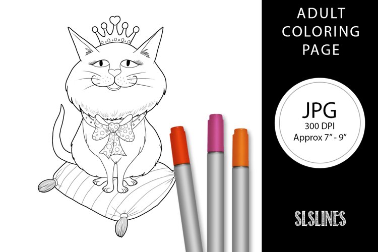 Princess cat on pillow adult coloring page