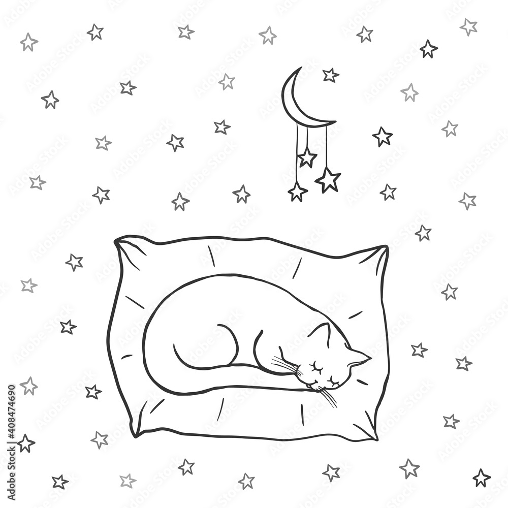 Cute sleeping cat on the pillow stars in the night sky baby doodle coloring pages cartoon character cat childish outline illustration hand drawn vector kids fabric textile childrens packaging vector