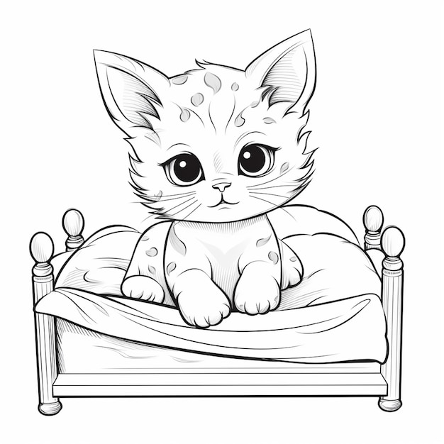 Premium ai image coloring pages of a cat sitting on a bed with a pillow generative ai