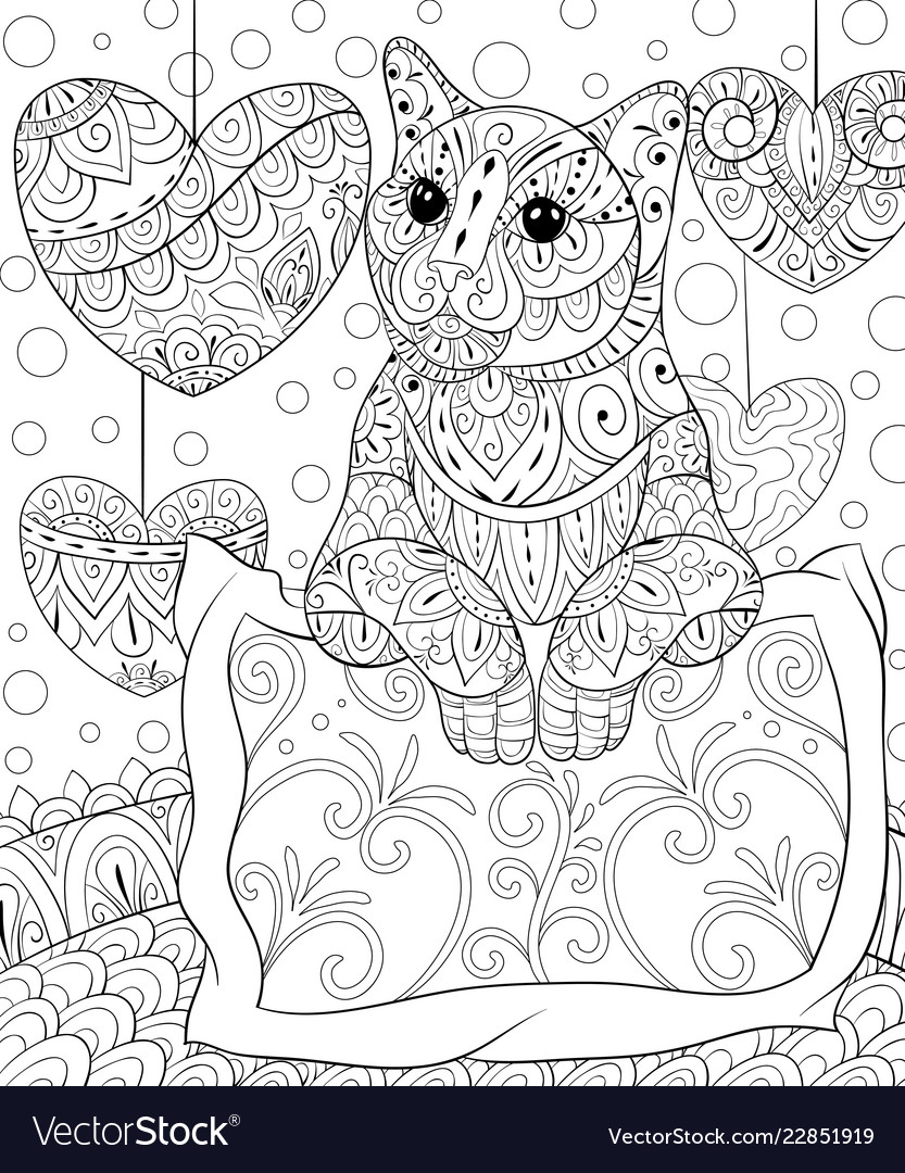 Adult coloring bookpage a cute cat on the pillow vector image