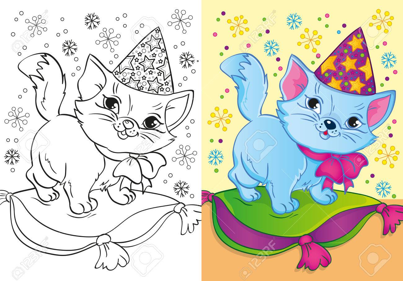 Vector illustration of cat in a christmas cap is on the pillow for coloring page for kids royalty free svg cliparts vectors and stock illustration image