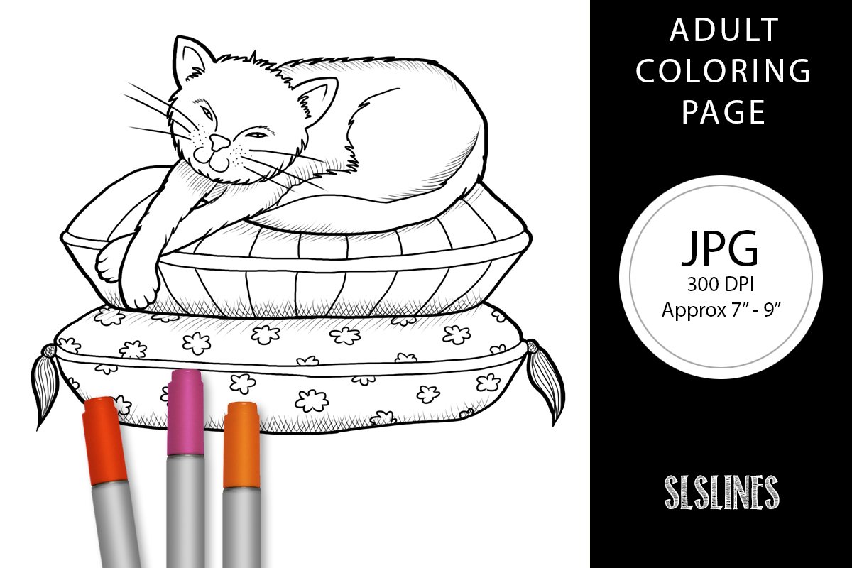 Sleepy kitty on pillow pile adult coloring page
