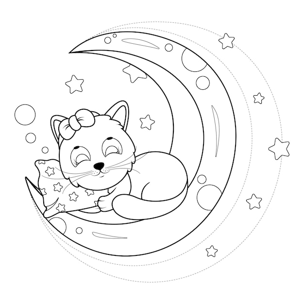 Premium vector coloring page cute kitty sleeps with a pillow on the moon