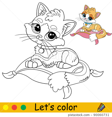Cartoon cat lying on a pillow coloring book