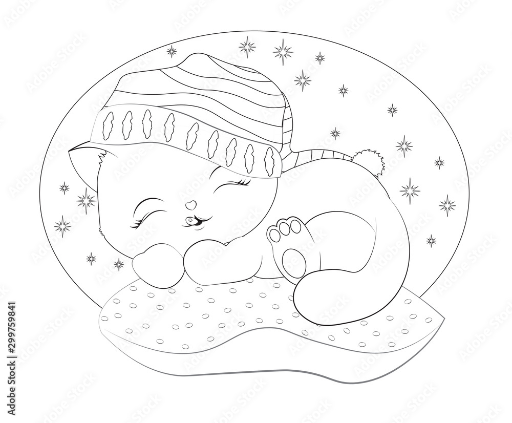 Coloring book sleepping black cat in pillow in cap vector