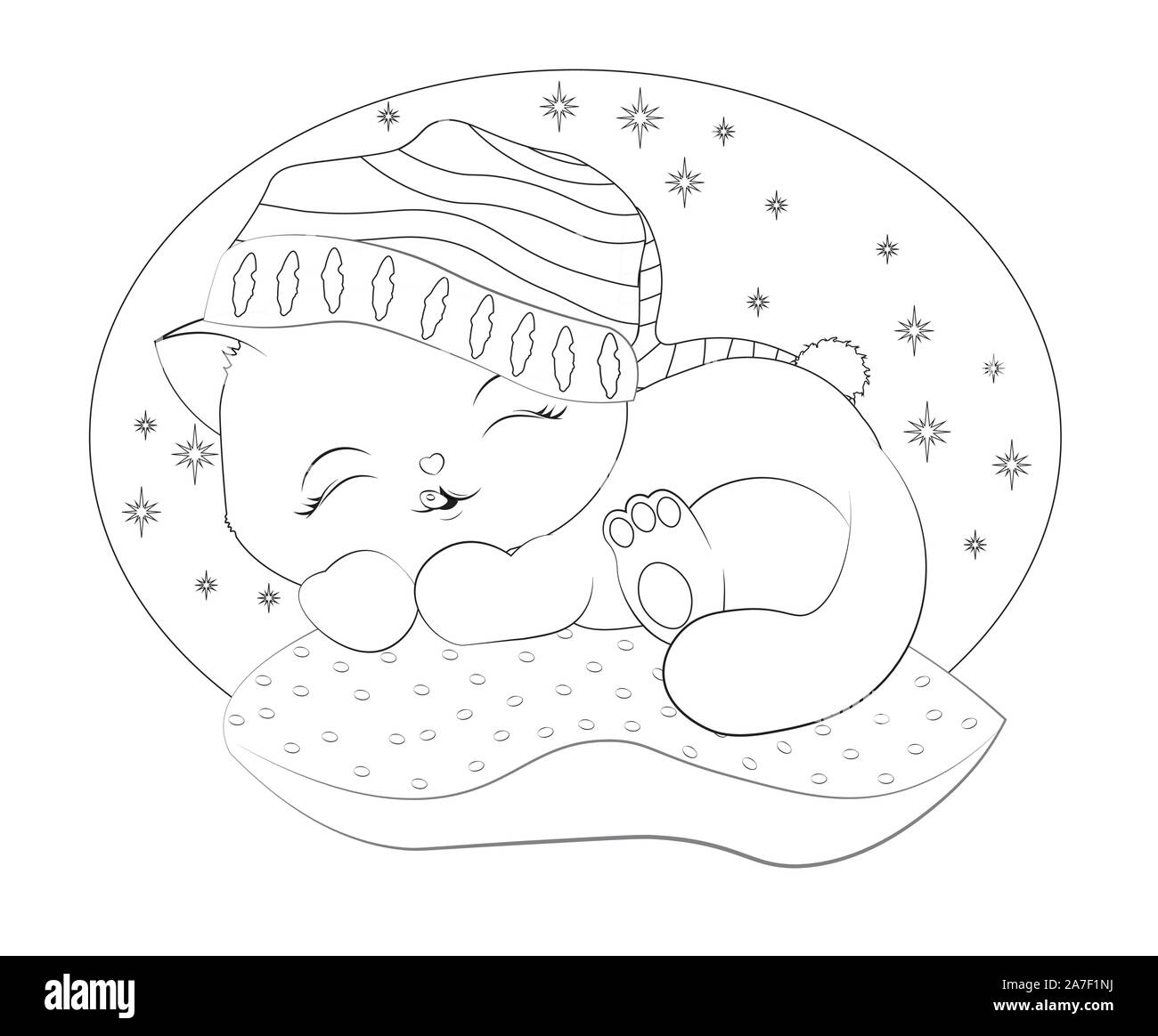 Coloring book sleepping black cat in striped cap little kitten in pillow picture in hand drawing cartoon style for t