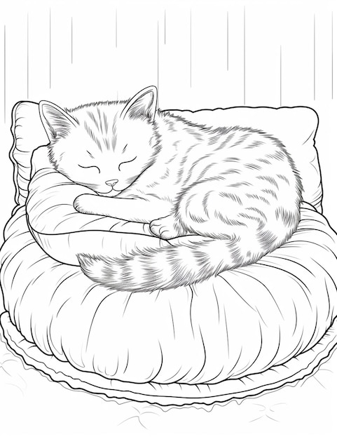 Premium ai image coloring pages of a cat sleeping on a pillow generative ai