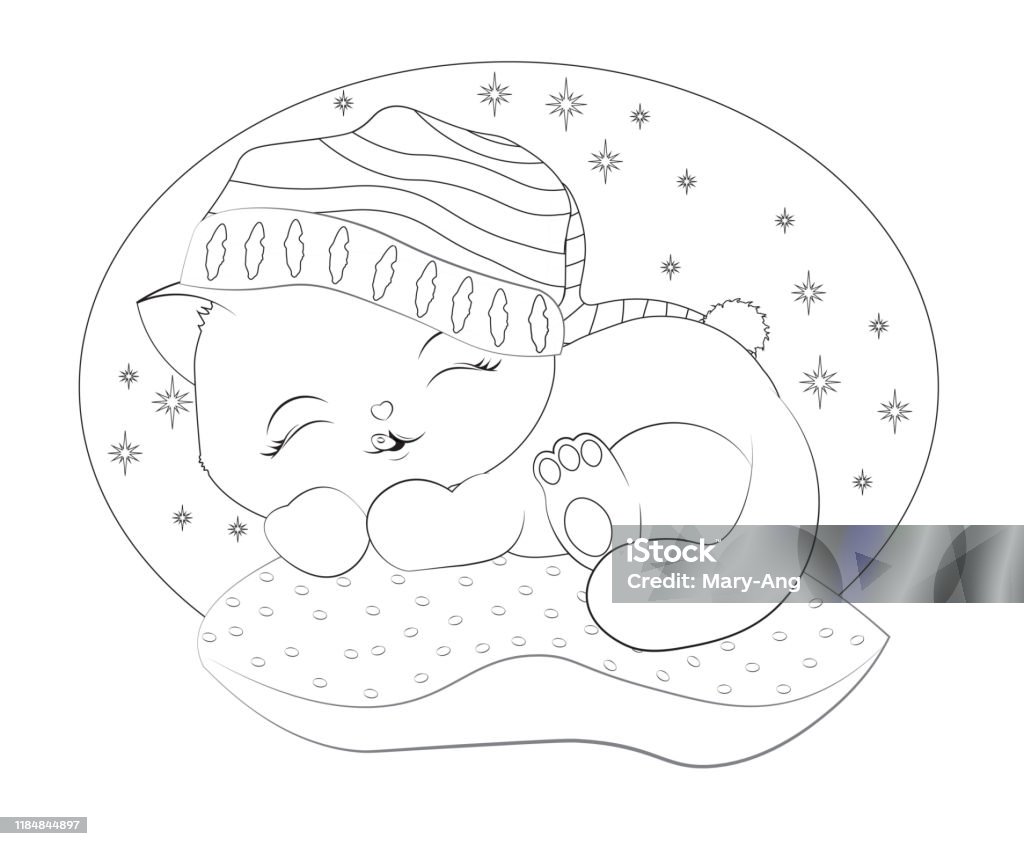 Coloring book sleepping cat in pillow in cap stock illustration