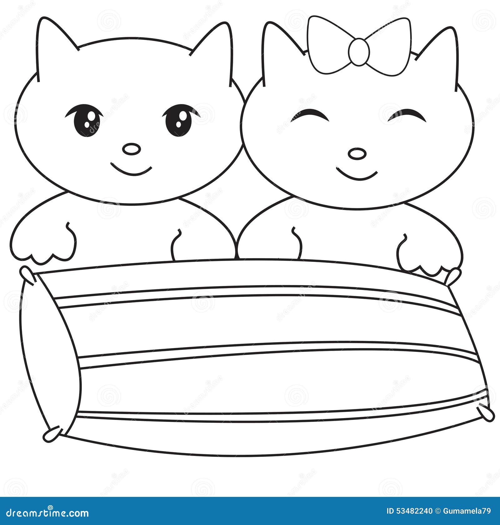 Two kittens with a pillow coloring page stock illustration