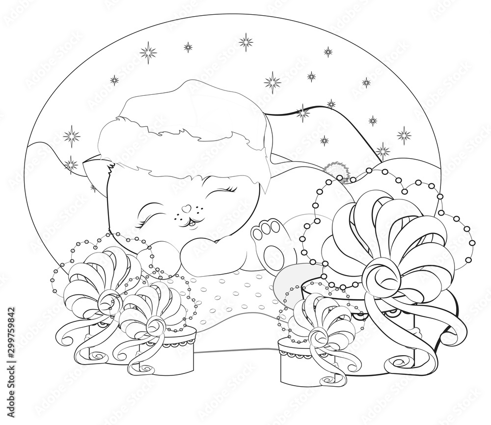Coloring book christmas sleepping white cat in pillow vector