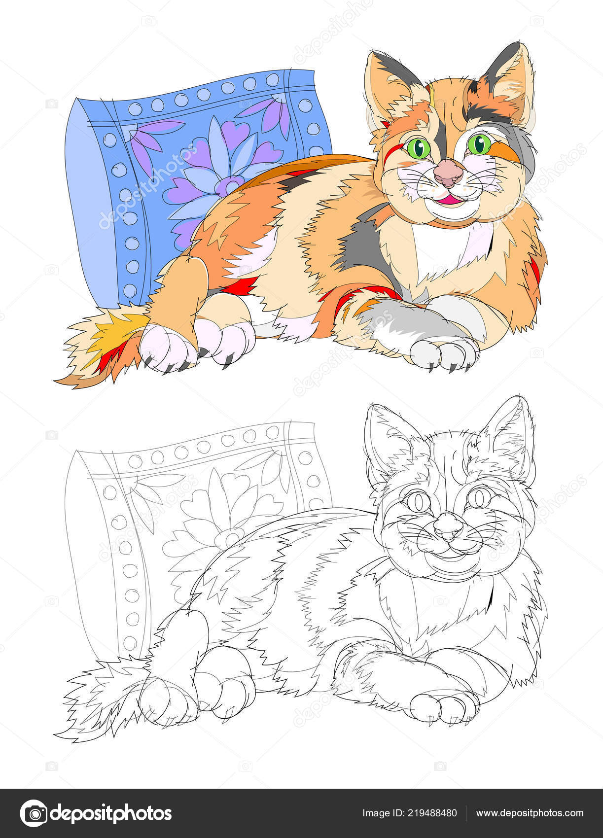 Fantasy illustration cute cat lying pillow colorful black white page stock vector by nataljacernecka
