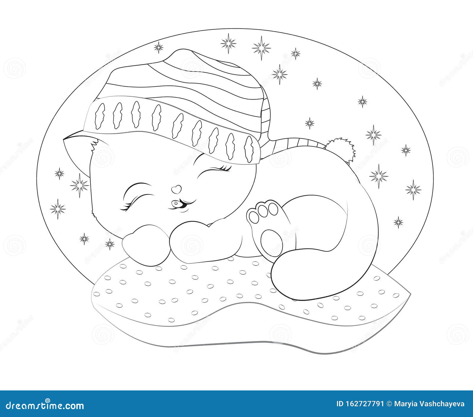 Coloring book sleepping black cat in pillow in cap stock vector