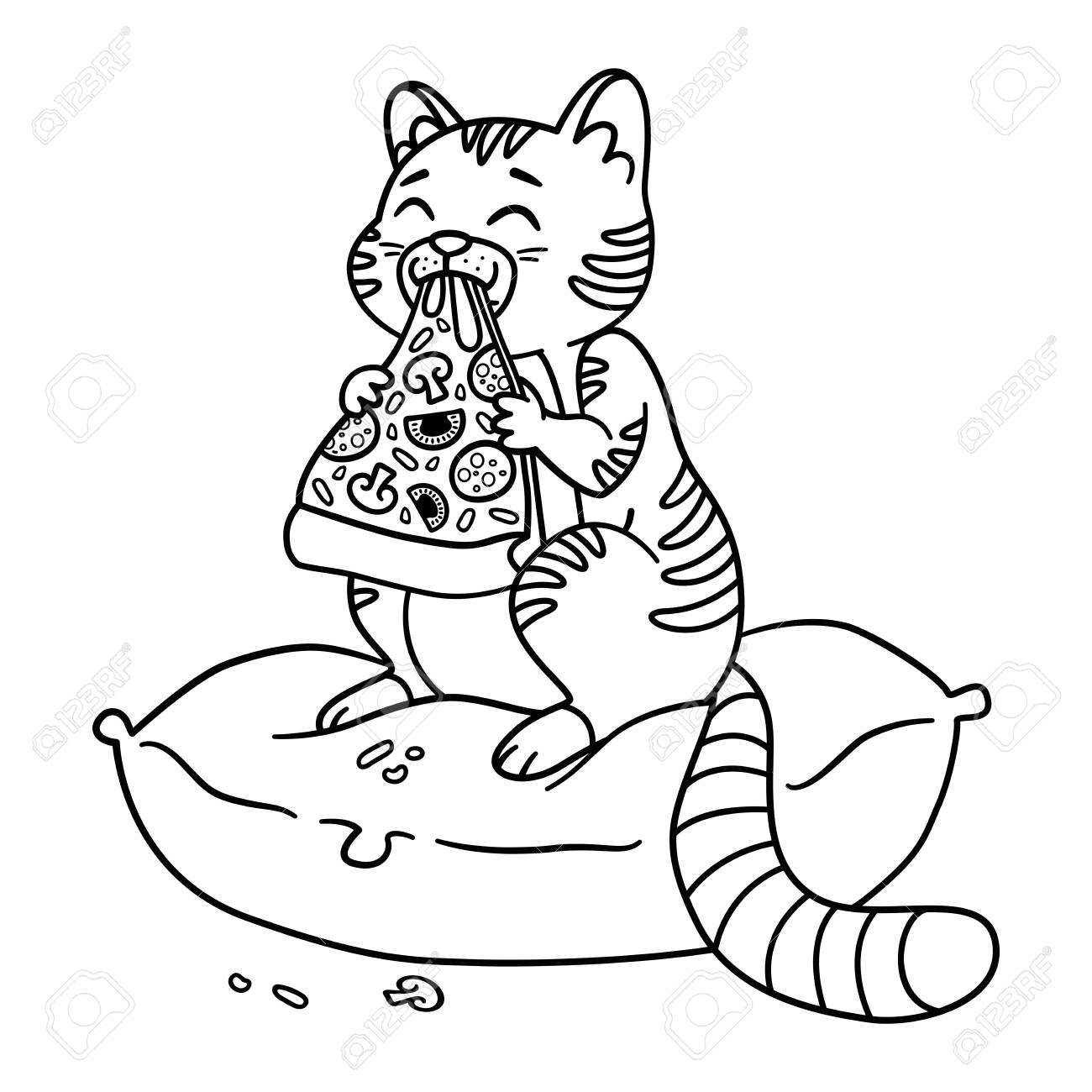 Cat with a pizza slice in the mouth kitty sit on the pillow and eating pizza amusing domestic pet illustration isolated on white background illustration for coloring book stock photo picture and