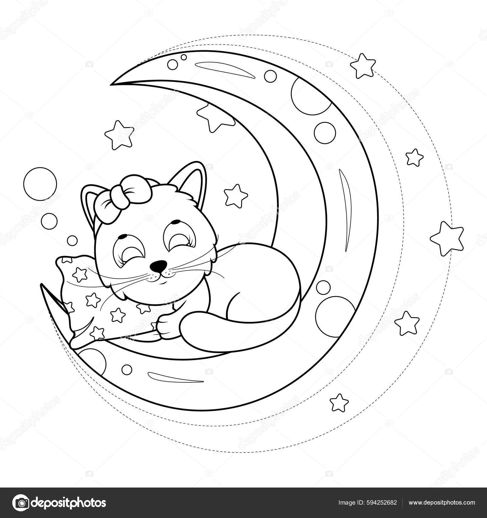 Coloring page cute kitty sleeps pillow moon vektor av vkofficeoduagmail