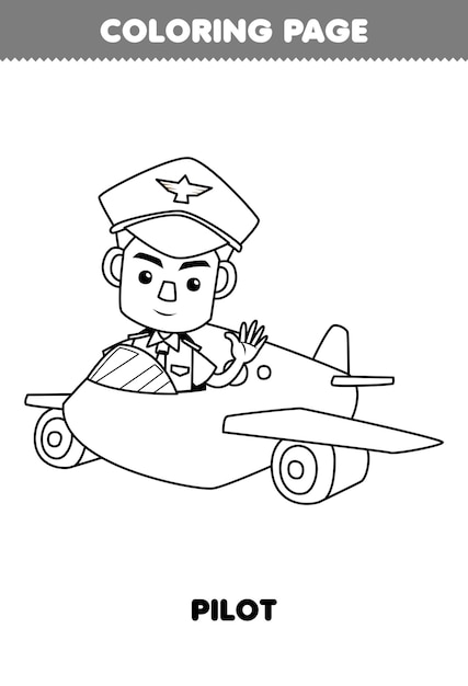 Premium vector education game for children coloring page of cute cartoon pilot profession line art printable worksheet