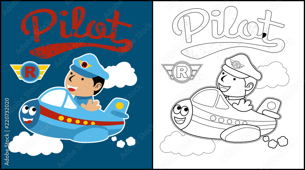 Vector illustration of coloring book or page with funny pilot on little plane vector