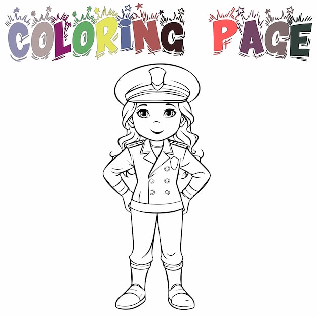 Premium vector girl wear police uniform for coloring book or coloring page for kids vector clipart illustration
