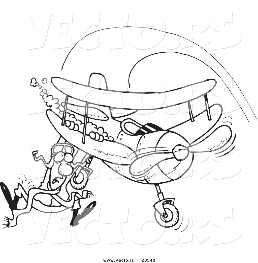 R of a cartoon pilot hanging on his biplane