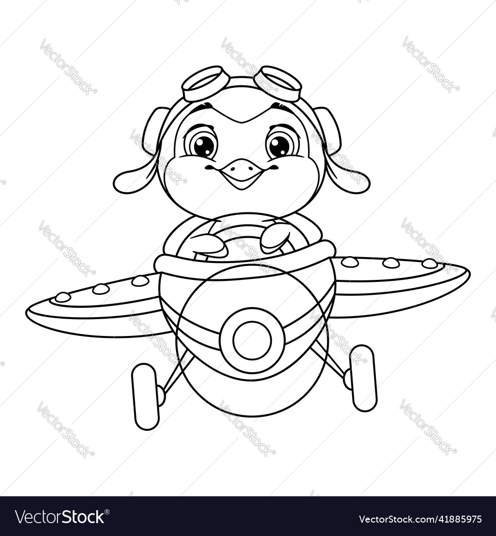 Penguin pilot flying on plane coloring page vector image